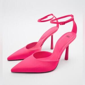 Zara Shoes Zara Satin Effect Pointed Heel Ankle Strap Hot Pink